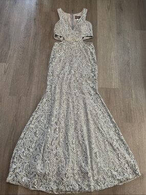 Lenovia Embellished Silver Lace Evening Dress Made In The USA
